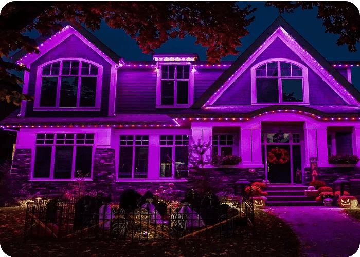 Purple-lit house decorated for Halloween with pumpkins and spooky decor at night.