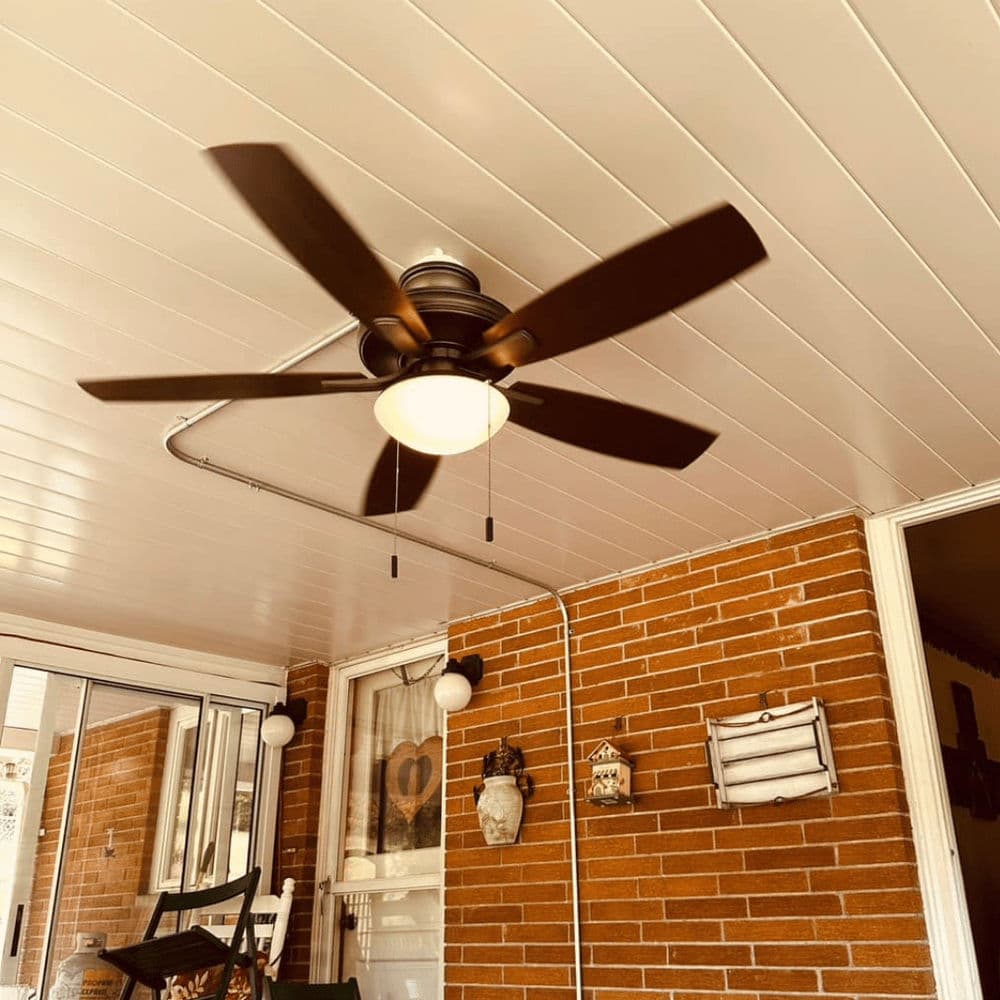 Ceiling fan with dark blades and light fixture in a cozy porch setting.